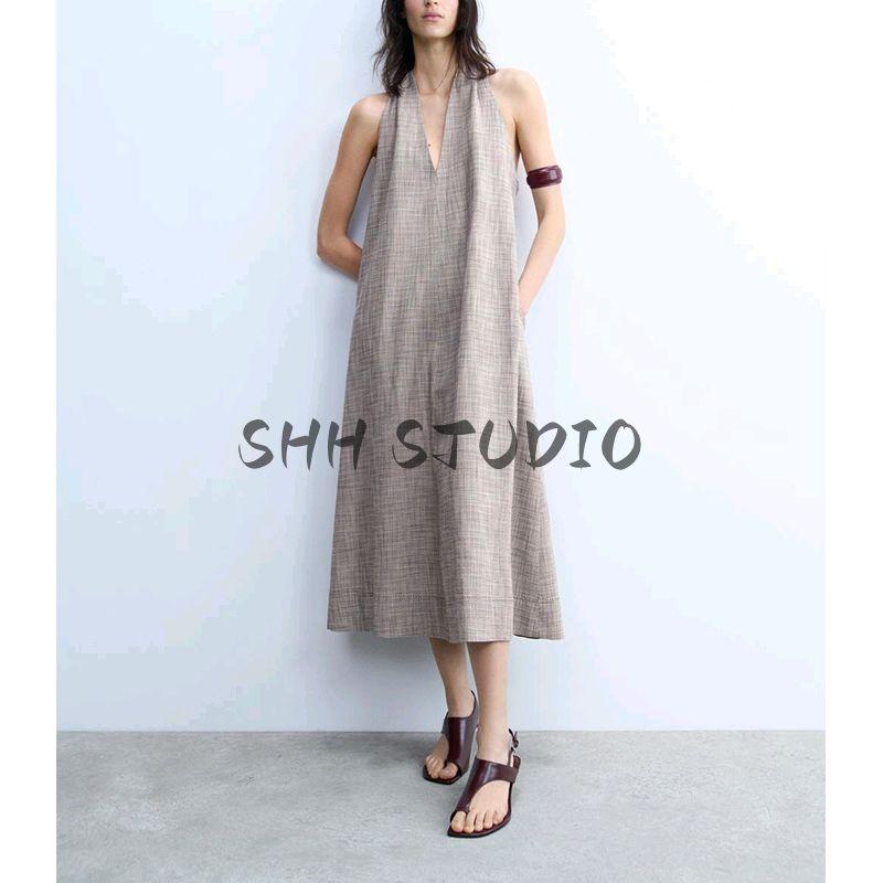 Spring and Summer New Women's Clothing French Style Design Loose Hanging Collar Open Back Midi Skirt Dress 2493775