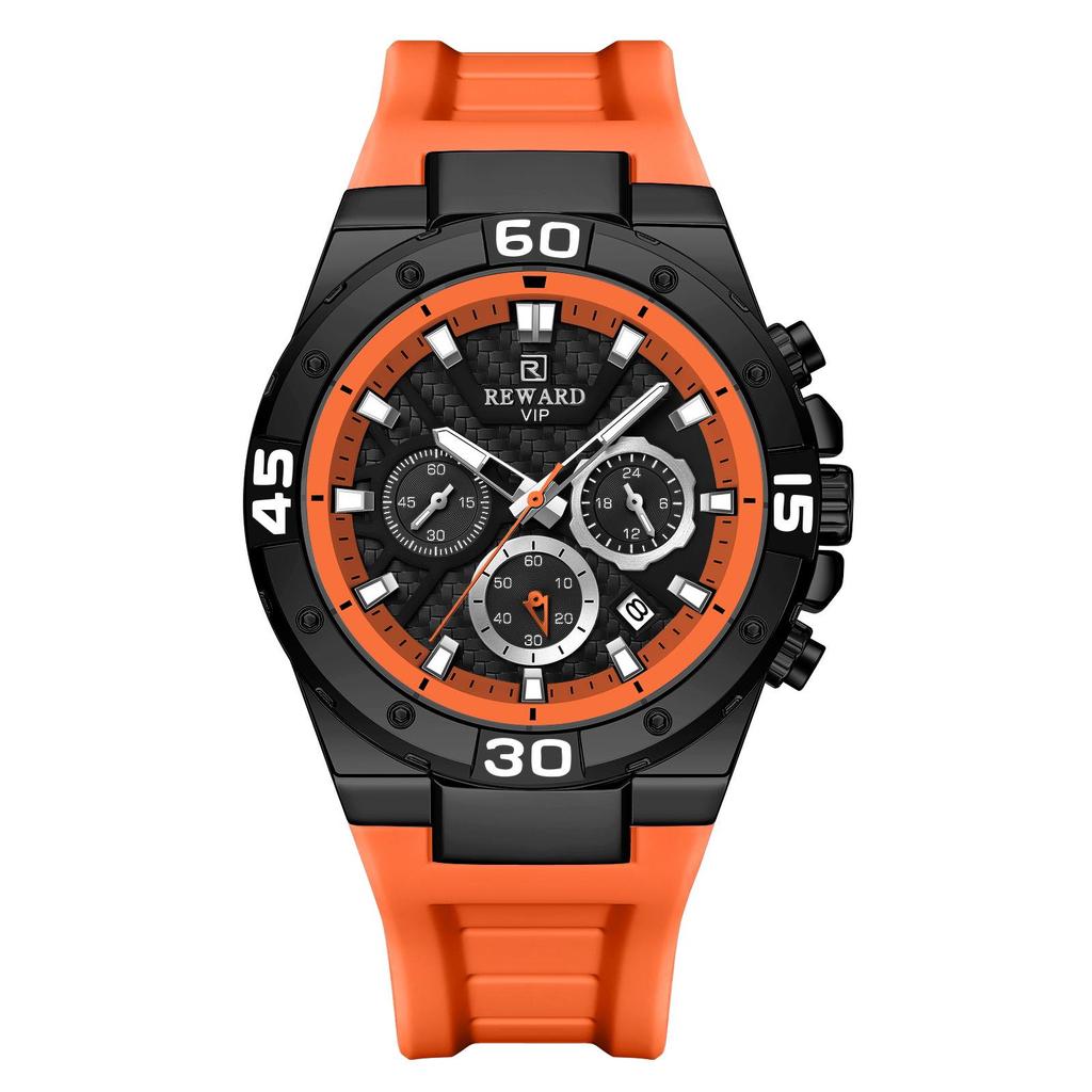 Reward Fashion Multifunctional Quartz Sports Watch: Waterproof, Luminous, Silicone Strap, Three-Eye, Six-Hand Design for Men.