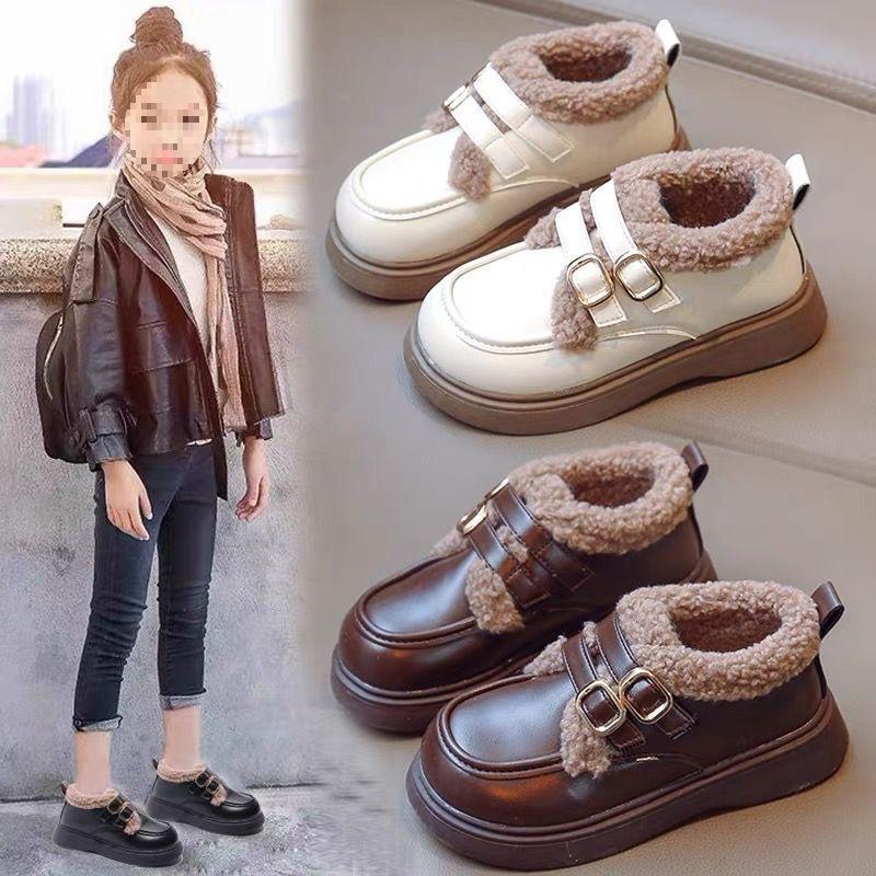 Girls cotton shoes plus cotton princess shoes 2025 autumn and winter British style warm Doudou shoes thickened soft-soled little girls leather boots