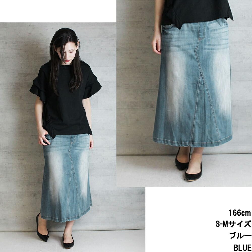 Större Storlekar Kläder Lång Kjol Jeanskjol Lång Längd Stretch Denim Blå 3L WD-0085