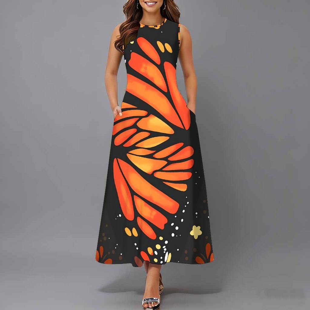 Women Plus Size Sleeveless Round Neck Dress Luxe Large Blossom Printed Flowy Calf Length Gown