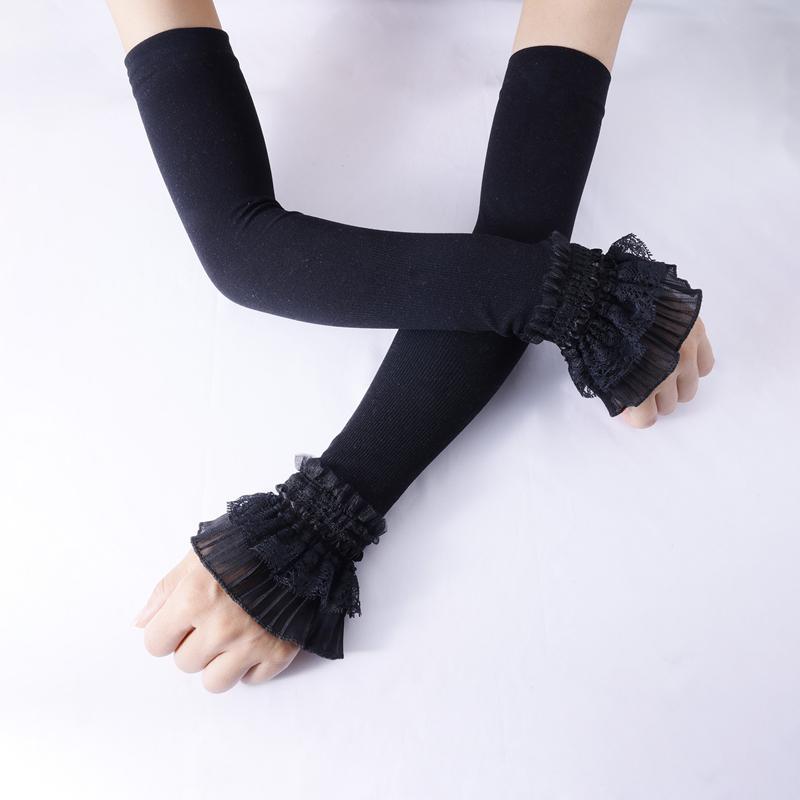 Elegant Women Ruffle Solid Color Long Flare Sleeves Arm Cover Outdoor Sun Protection Driving Elastic Fingerless Gloves