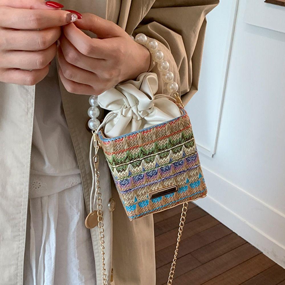 Bohemian Straw Shoulder Bag Elegant Women's Crossbody Bag Evening Purse Pearls Straw Handbag  Beach