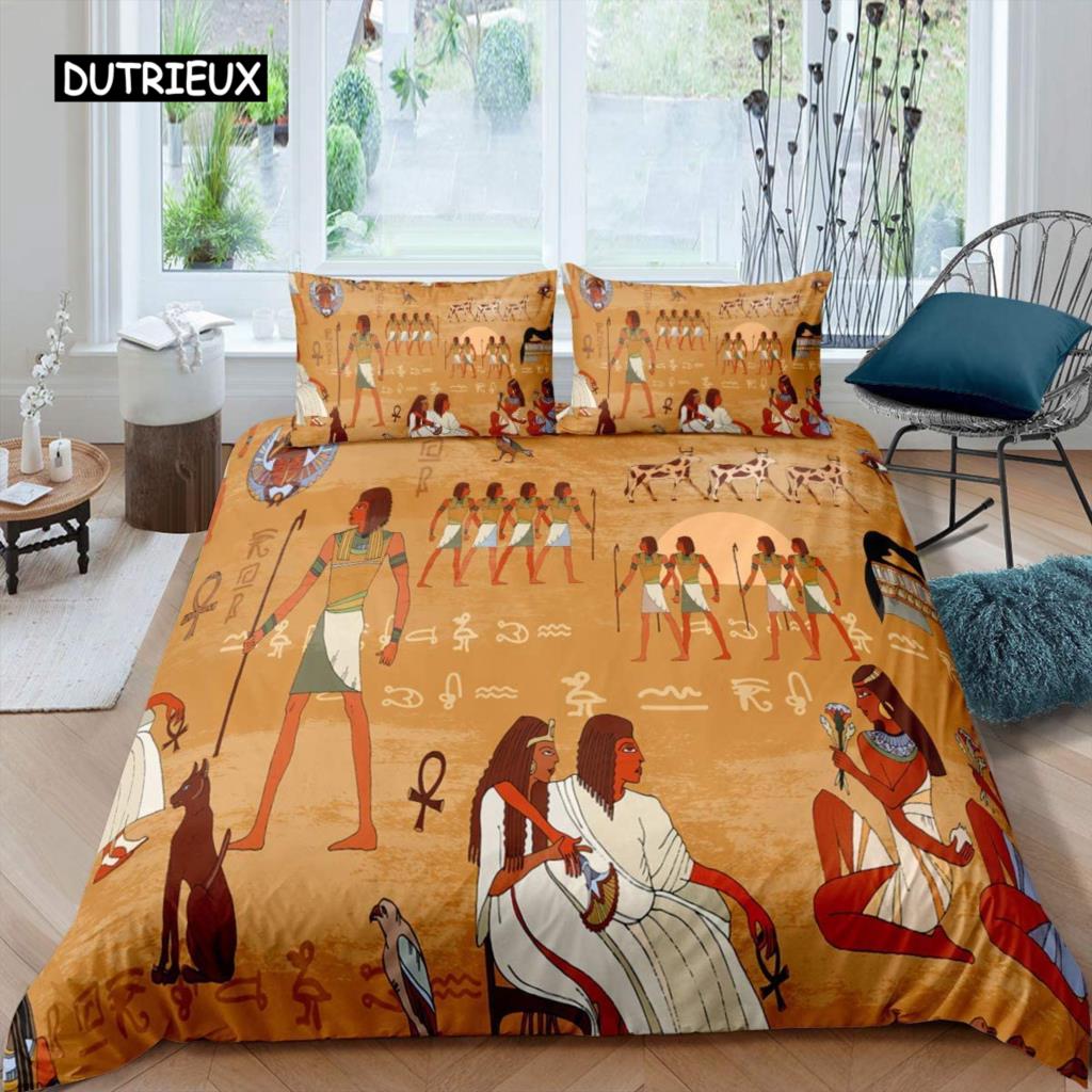 Ancient Egypt Duvet Cover Set Egyptian Symbol Bedding Set Vintage Pharaoh Pyramid Boho Tribal Polyester Quilt Cover 2/3pcs Queen