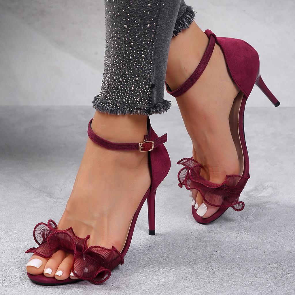 Sexy Temperament High-heeled Sandals Women's 2025 Summer New Lace One-word Sandals Large-size Stiletto Sandals