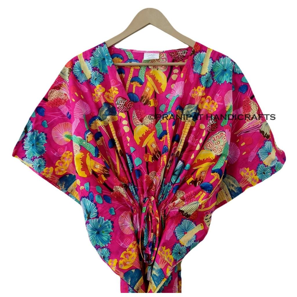 Women Cotton Mashroom Print Sleepwear Pink Boho Beach Cover Summer Caftan Dress CKFTN-SCRN-FULL-BUYIT-193