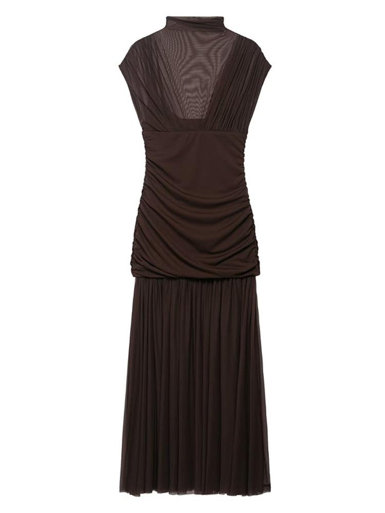 Black Mesh Maxi Dress For Women Sexy Sleeveless See-Through Pleated Party Dress Female Fashin Bodycon Long Dress 2025