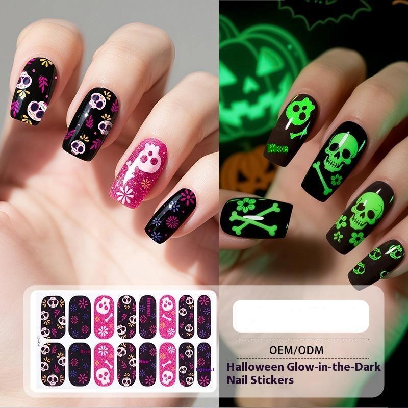 1 Arkusz Naklejki na Paznokcie na Halloween Wodoodporne Europejskie i Amerykańskie Kreskówkowe Dziecięce Słodkie Bez Pieczenia Nocne Światło Ozdoba Paznokci