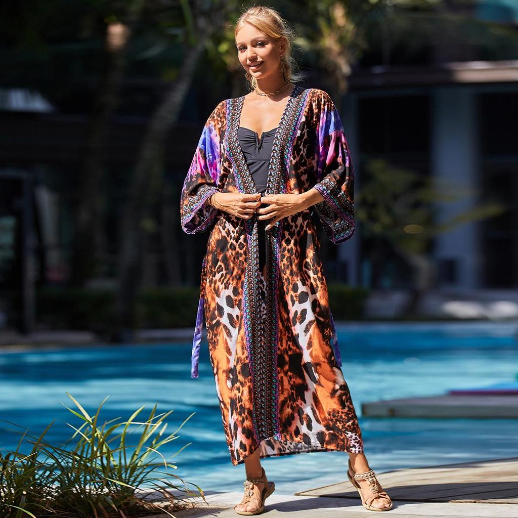 2023 European & American Rayon Waist Tie Beach Cover-up Sun Protection Cardigan for Women - Swimsuit and Bikini Outerwear