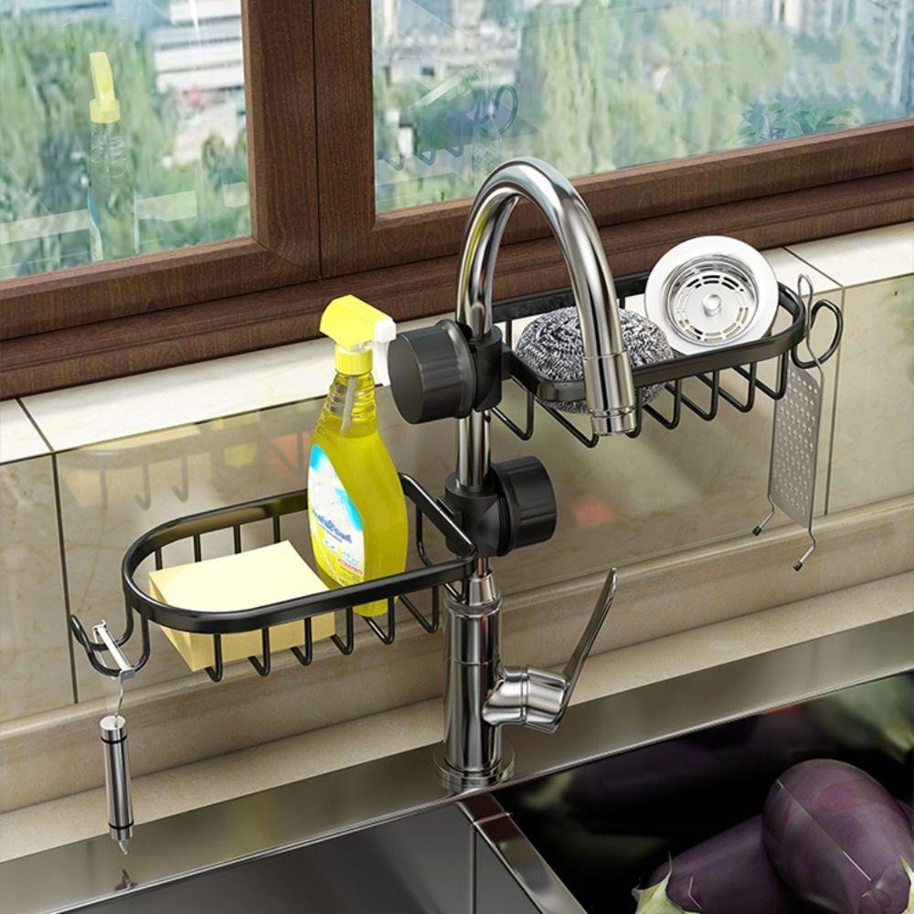 Adjustable Faucet Storage Rack Punch-Free Space Saving Sponge Drain Rack Space Aluminum Shower Shampoo Soap Holder Kitchen
