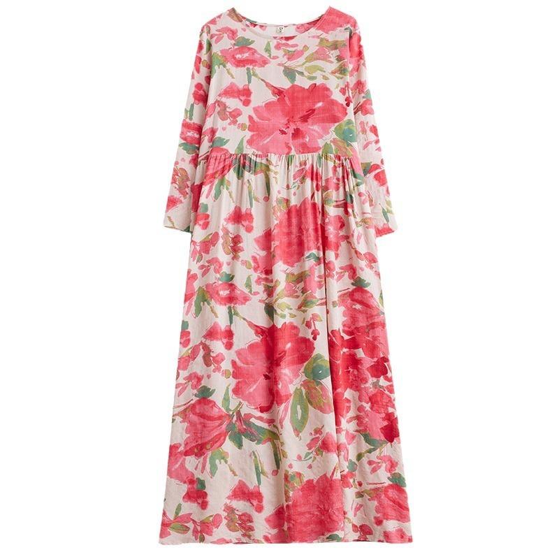 Dress A Variety of Color Holiday Style Travel Round Neck Vintage Flesh-covered Cotton Hemp Long Dress
