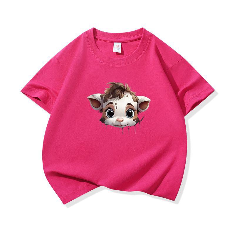 Kids Cotton T Shirt Light Spotted Baby Cow Peeking Print Crew Neck Short Sleeve Tee Casual Boys Girls Summer Tops