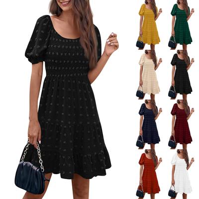 Women's Fashion Square Neck Bubble Short Sleeve Dot Pleated Casual Solid Color Dresses