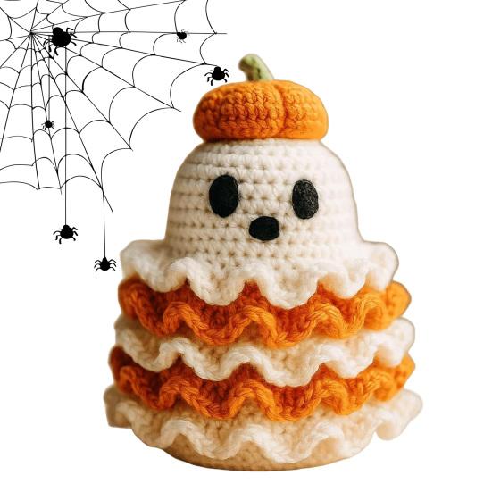Halloween Crochet Ghost Handmade Knitted Ghost with Pumpkin Hat Cute Plush Ghost Tabletop Decoration for Desk Bookshelf Home Decor