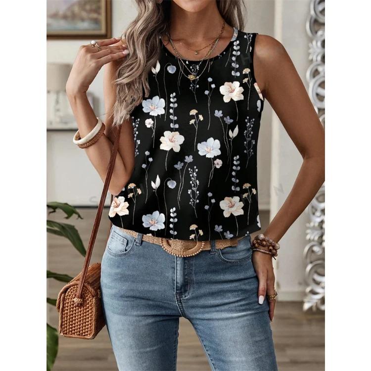 Summer Daily Casual Women's O-neck Tank Top Street Fashion Flower Print Sleeveless Outdoor Sports Top