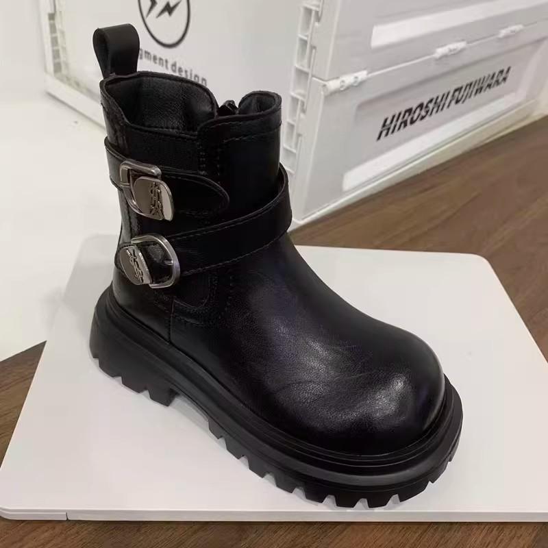 Autumn/Winter Fashionable and Versatile Leather Boots for Girls British Style Fleece-lined Short Boots Non-slip Soft-soled Cotton Boots