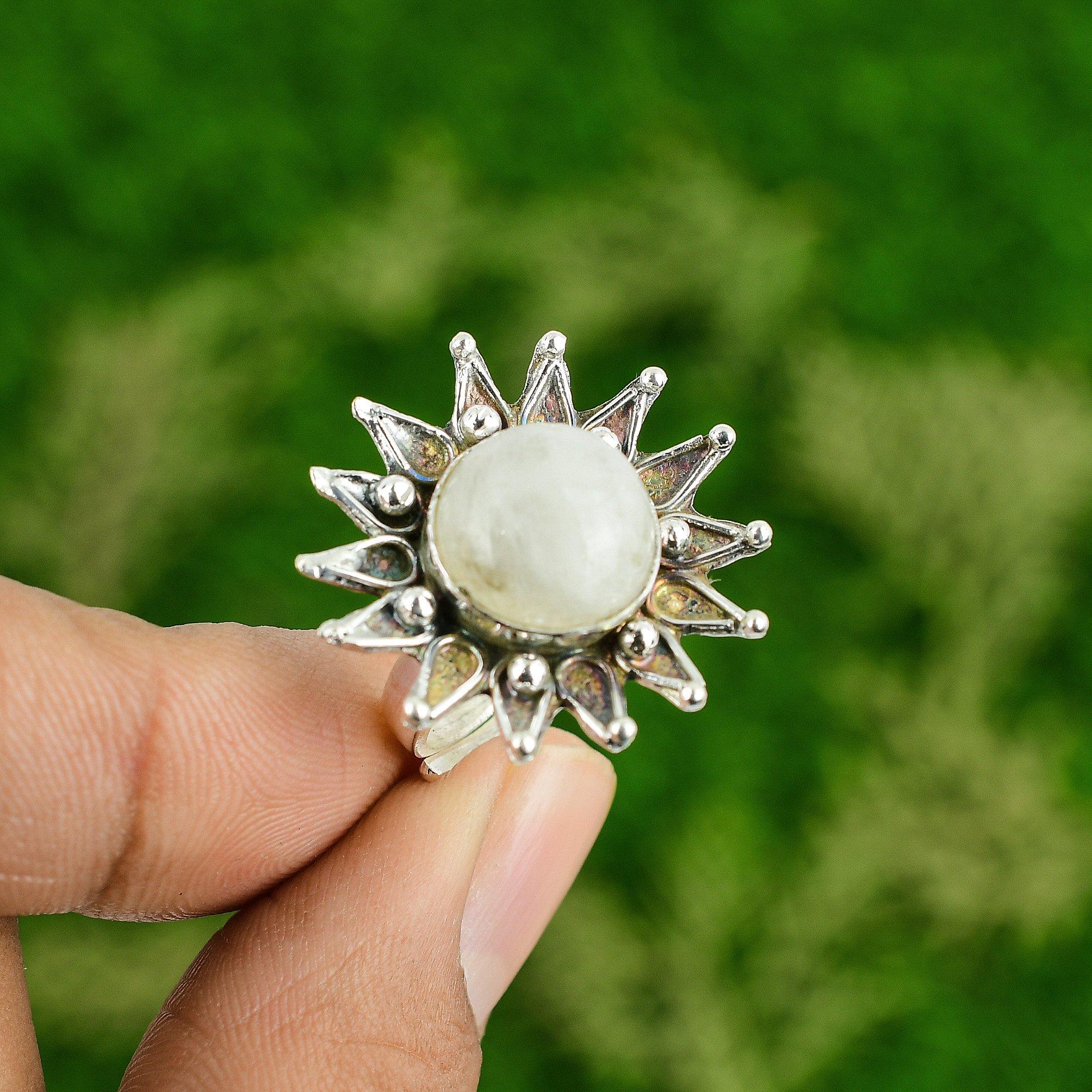 

Womens day Sale Natural Rainbow Moonstone Flower Promise Ring Jewelry 925 Silver Adjustable