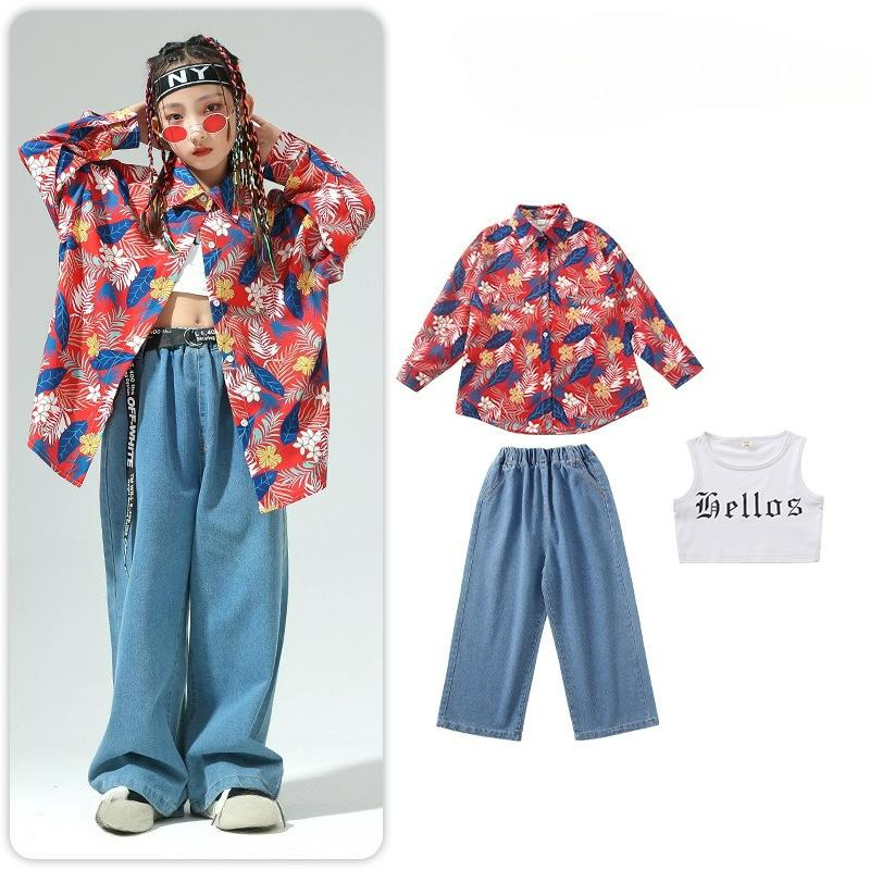 

Детская хип-хоп трендовая одежда, для мальчиков и девочек, джинсовые костюмы в стиле хип-хоп, детские рубашки с цветочным принтом в стиле ретро Гонконг, костюмы для подиума 110