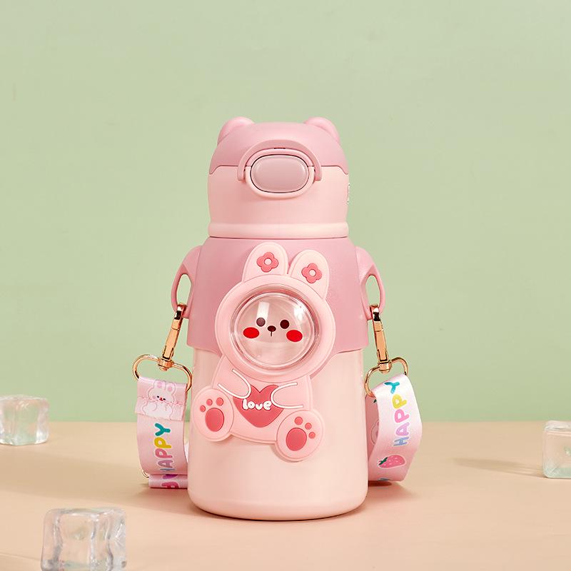 Teddy Bear Stainless Steel Thermos Cup with Lanyard & Straw - Kids' Fun Bounce Design