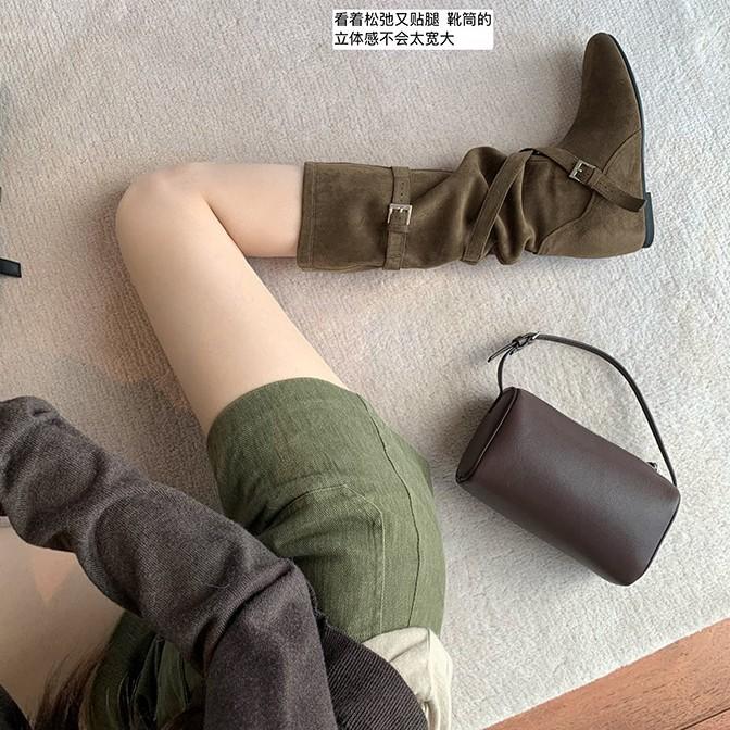 6Cm Inner Height Increase Western Denim Boots Women's 2025 New Korean Round Head Buckle with Soft Folds and Thin Medium Tube