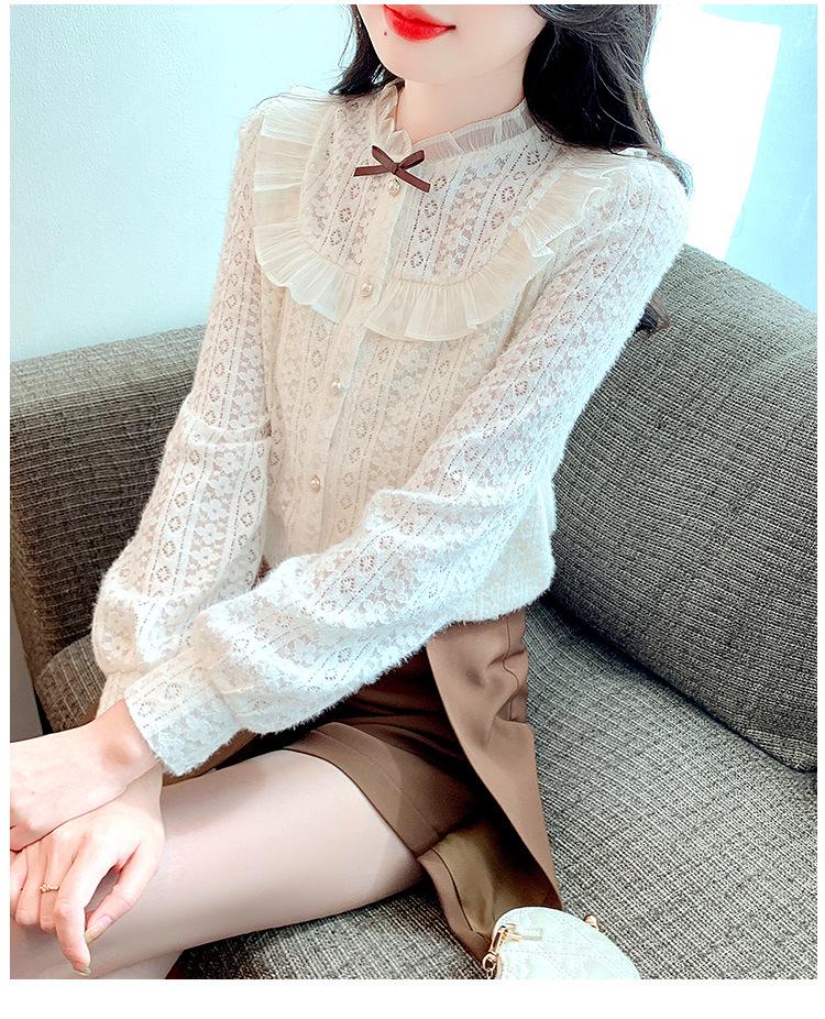 Women's Long Sleeve Stand Collar Lace Shirt with Velvet Inner Layer