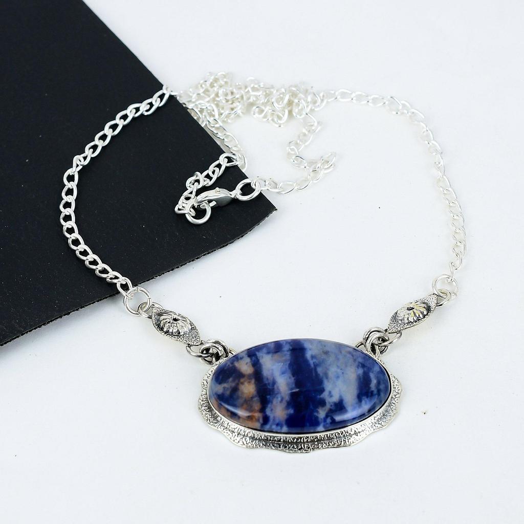 Natural Sodolite Gemstone Handmade 925 Sterling Silver Electroform Necklace, Sodolite Silver For Wife Unisex Pendant Engagement Gifts