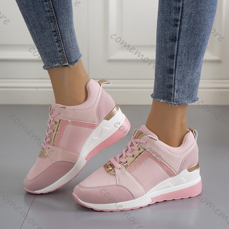 Fashion Comemore Large Size Sports Casual Shoes Thick Bottom Wedges Heel Sneakers Solid Lace Up Breathable Tennis Women's Single Shoes