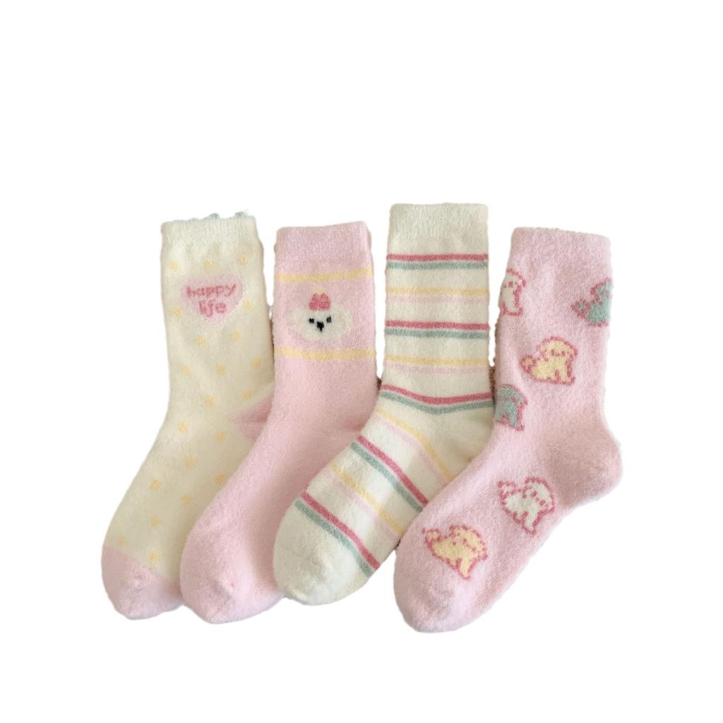 Rosa Australische Fleece Socken Verdickte Warme Socken Cartoon Gestreifte Niedliche Plüsch Haussocken