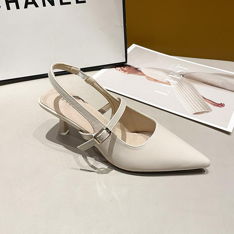 Fashion high heels women's pointed head 2025 new autumn patent leather back empty temperament single shoes black thin heel summer sandals