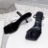 2025 New Genuine Leather Retro Square Toe Pinch Sandals Fashion High Heel Slippers Women Women's Sandals