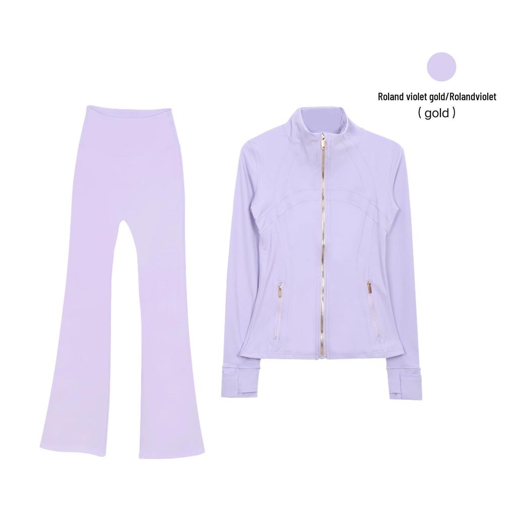 In Stock: Women's Gold Jacket & Flare Pants - High Stretch, Slimming Sports Yoga Set