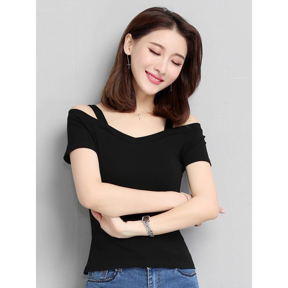 Zeštíhlující letní nové korejského stylu tílko s krátkým rukávem pro ženy, jednodélkový krk odhalená ramena sexy slim studentský top