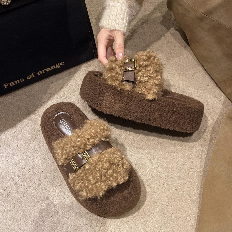 Women Fashion Slippers Round Toe Platform Sole Belt Buckle Open Toe Cotton Slippers Outdoor Fashion Plus-size One-line Slippers