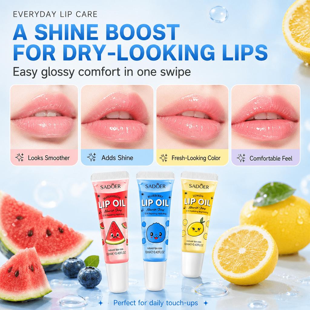 12ml Watermelon/Lemon/Blueberry Lip Oil, Moisturizing Lip Balm, Prevents Dryness And Peeling, Fades