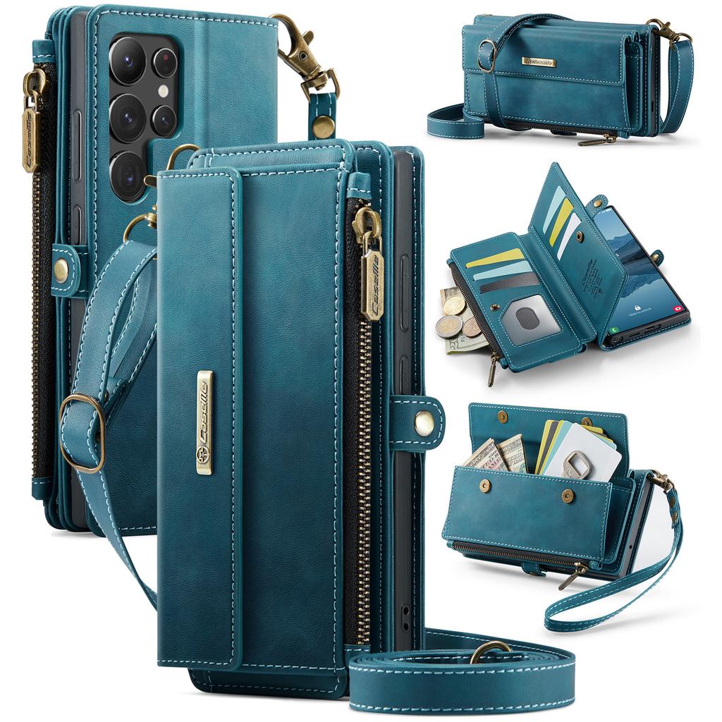 Voor Samsung Galaxy S22 Ultra 5G Hoesje CASEME C39 RFID Blokkerende Portemonnee met Rits Stand Leer Hoesje met Riem