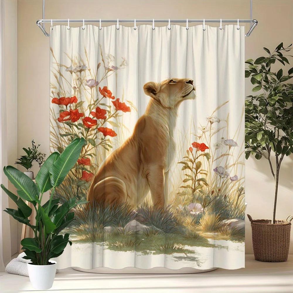 1 Piece Lioness Poppy Meadow Shower Curtain-Serene Wildlife Scene with Red Poppies and Golden Grass Shower Curtain Decoration W90xH180cm
