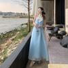 High-end Exquisite Dress Light Luxury High-end Sense New Chinese Style Embroidery Temperament Blue Long Dress Chiffon Other