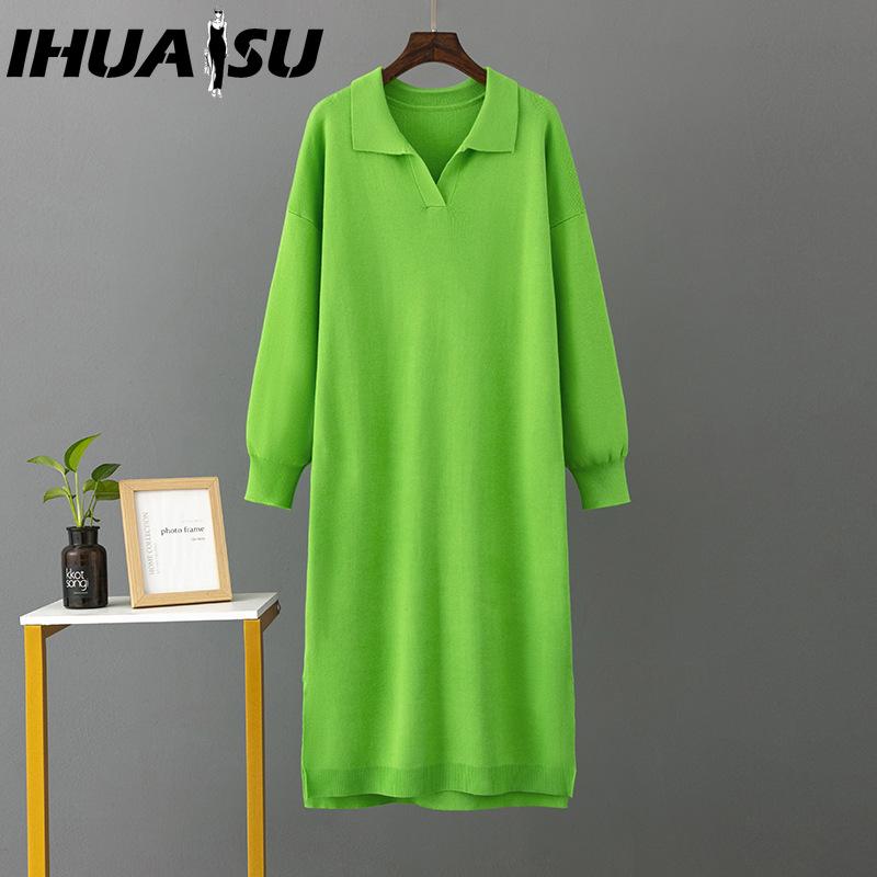 IHUASU Women's Autumn Winter Knitted Loose Large Solid Color Polo Collar Dresses with Lining