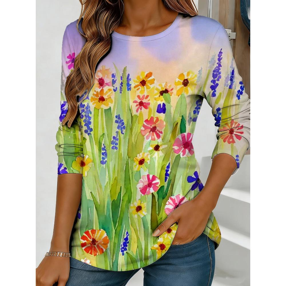 Flower Printing Versatile Comfortable Long Sleeve Fashion Loose Pullovers Long Sleeves Women’s