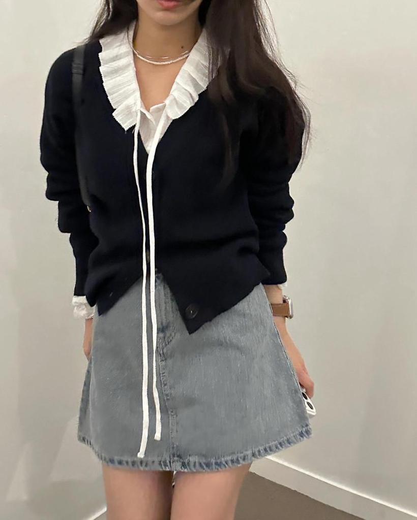 Korean Chic Cotton Jacquard Ribbon Shirt & Cable Knit Vest Set for Women