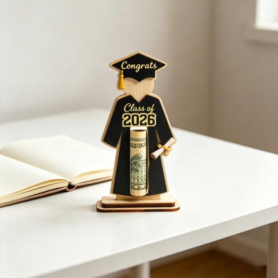Graduate Cap and Gown Wallet Holder Bachelor's Uniform Solid Wood Cash Shape Cash Holder with Class