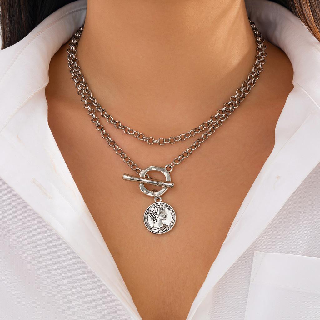 Retro portrait pendant stacked necklace set, personalized snake bone chain cross geometric jewelry