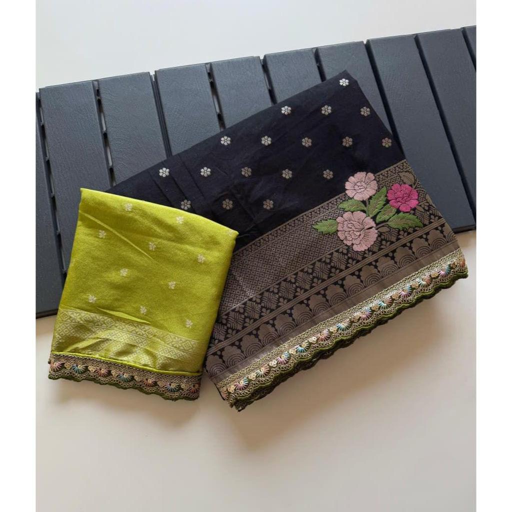 Pure Khaddi Crep Georgette Minakari Petch Work Butta Border With Open Weveing Rich Rich Pallu Saree With Running Blouse Piece