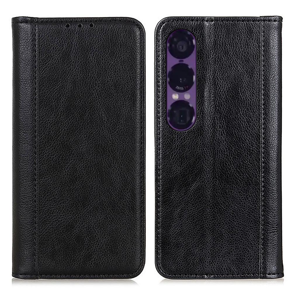 

For Sony Xperia 1 VII Stand Case Split Leather Litchi Texture Wallet Phone Cover Black