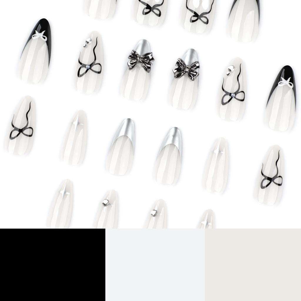 Sweet and cool short almond nail art, wearing nail piece, French black metal bow, fake nail piece.