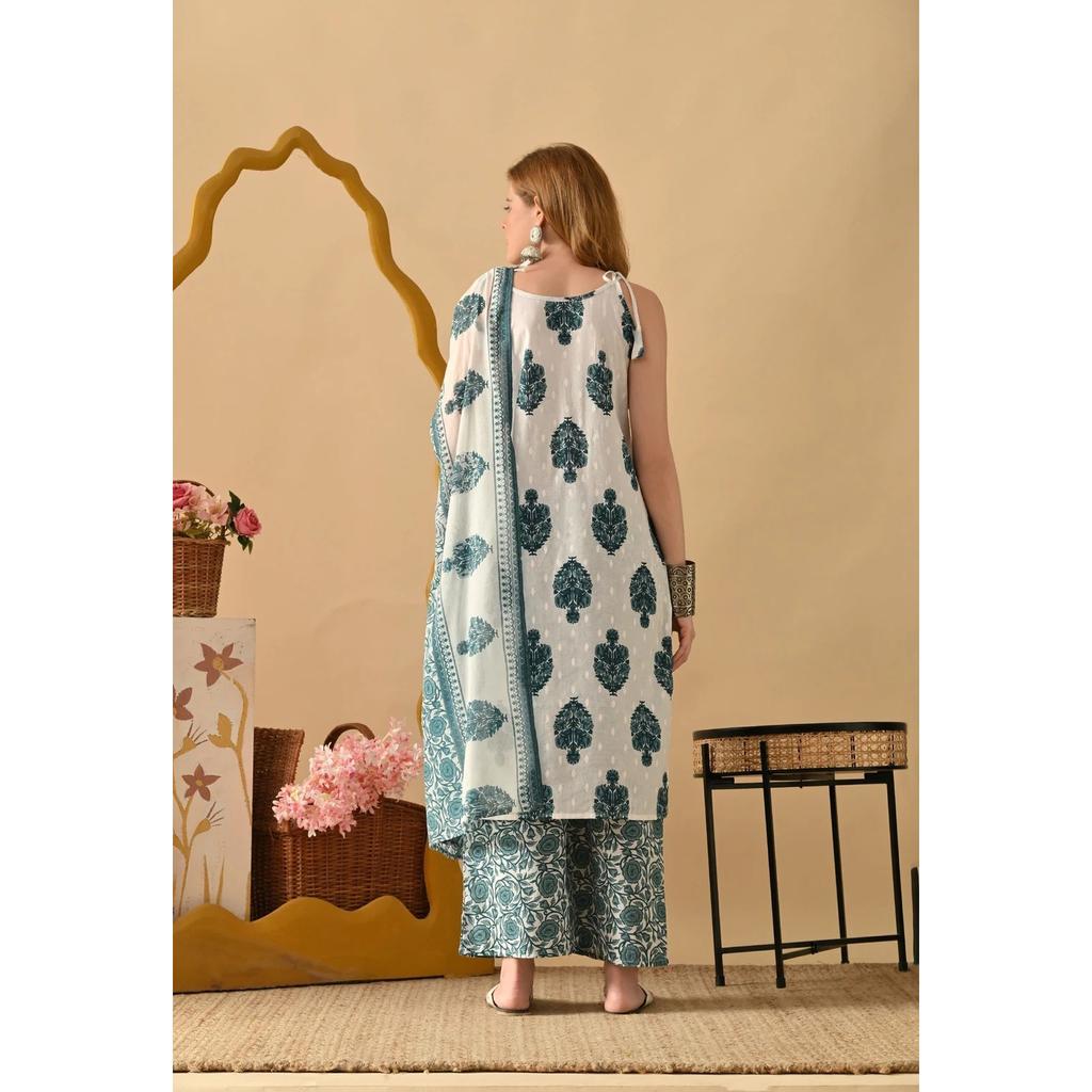 Beautiful Printed Cotton Rayon Kurta Set Pakisatni Top Kurti Palazzo Dupatta Set