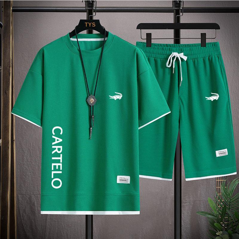 

Summer new men s waffle T-shirt fake two-piece shorts two-piece fashion casual sports cover XXXL