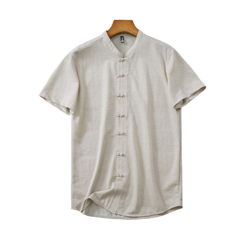 Cool and Breathable, Chinese-Style Linen-Like, Export Surplus Men's Summer Skin-Friendly Soft-Touch Small Stand-Up Collar Short-Sleeve Shirt