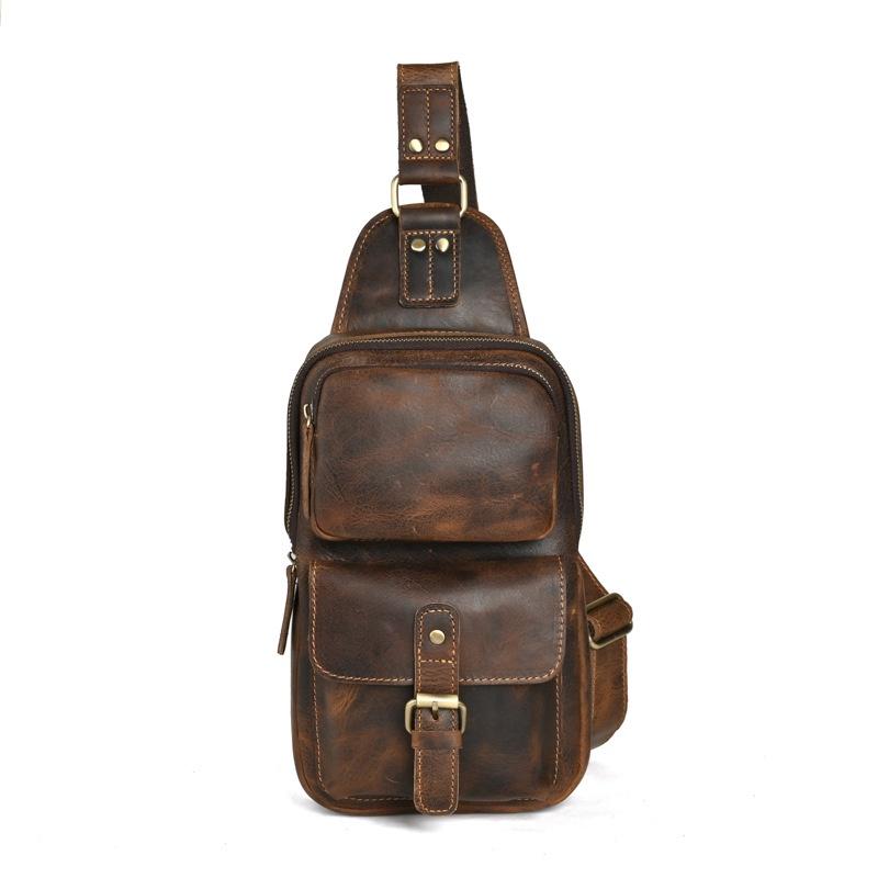 2025 Men's Crazy Horse Cowhide Chest Bag Large Capacity Retro Versatile Shoulder Messenger Bag Durable Leisure Travel Pouch for Outdoor Daily Use