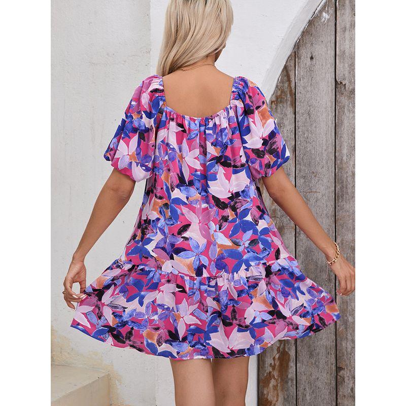 Summer New Holiday Puff Sleeve Dress Women 2025 Fashion Fashion Florals Print Knee-Length Skirt Women